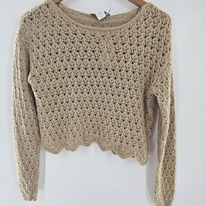 House Of Harlow 1960 Tan Open Knit Long Sleeve Crochet Sweater Womens Size XSmal